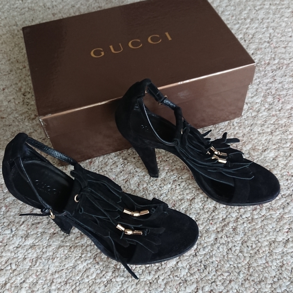Gucci Black suede fringe strap heels Size 7b